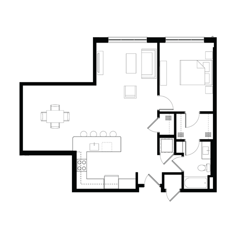 Floor plan for 1 bed, 1 bath, 998 sqft
